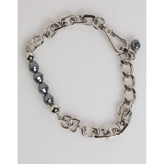Dolce & Gabbana Silver Tone Chain Lobster Clasp Logo Gray Pearls Bracelet featuring polished metal links and dark-hued pearls.