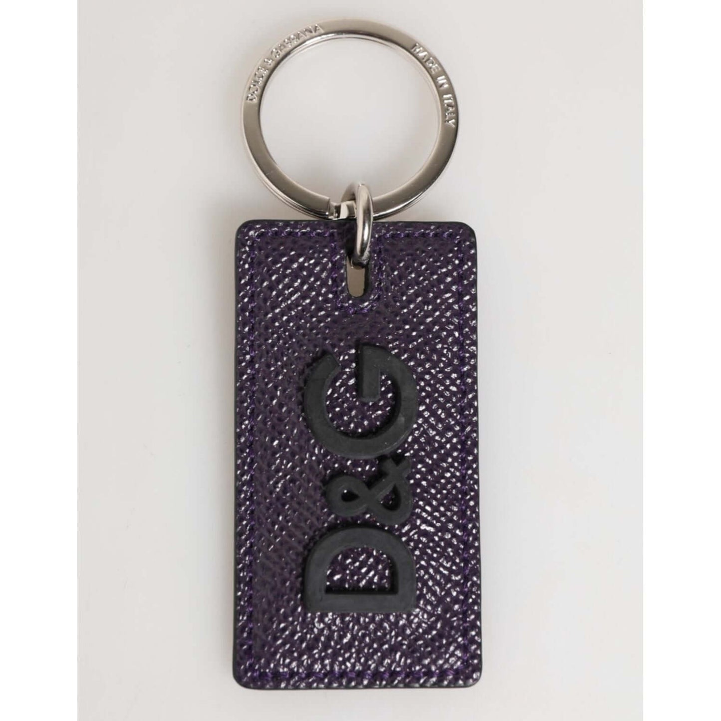 Dolce & Gabbana Violet Leather Logo Metal Ring Men Keychain Keyring with engraved metal ring and violet leather tag.