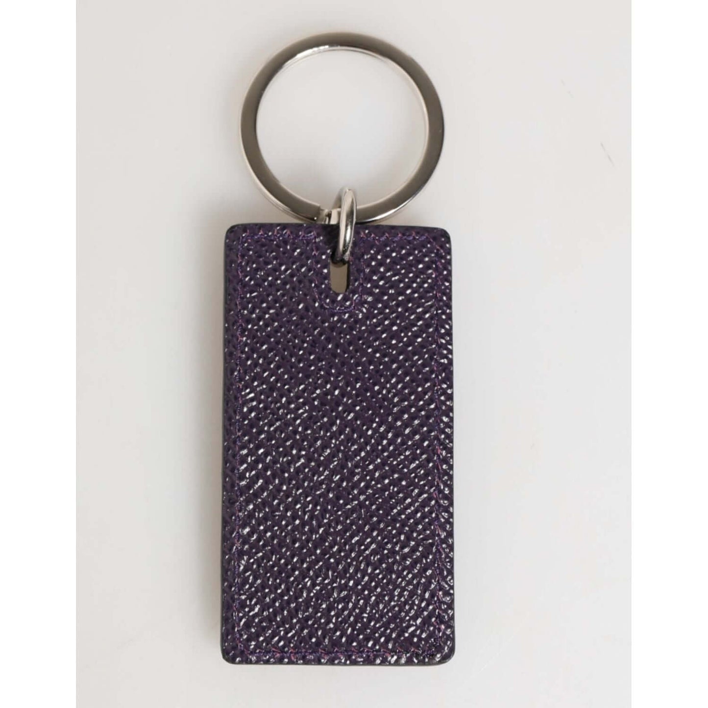 Alt Tag: Dolce & Gabbana Violet Leather Logo Metal Ring Men Keychain Keyring with silver detailing.