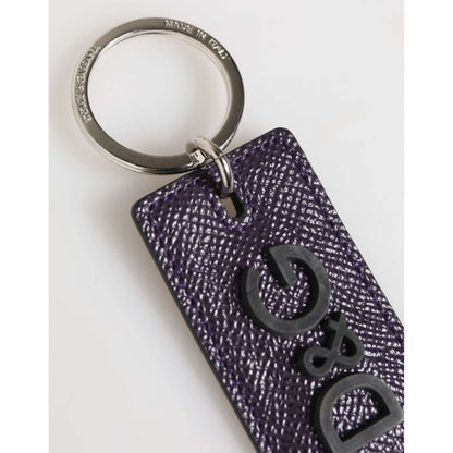 Dolce & Gabbana Violet Leather Logo Metal Ring Men Keychain Keyring with embossed details and silver metal ring.