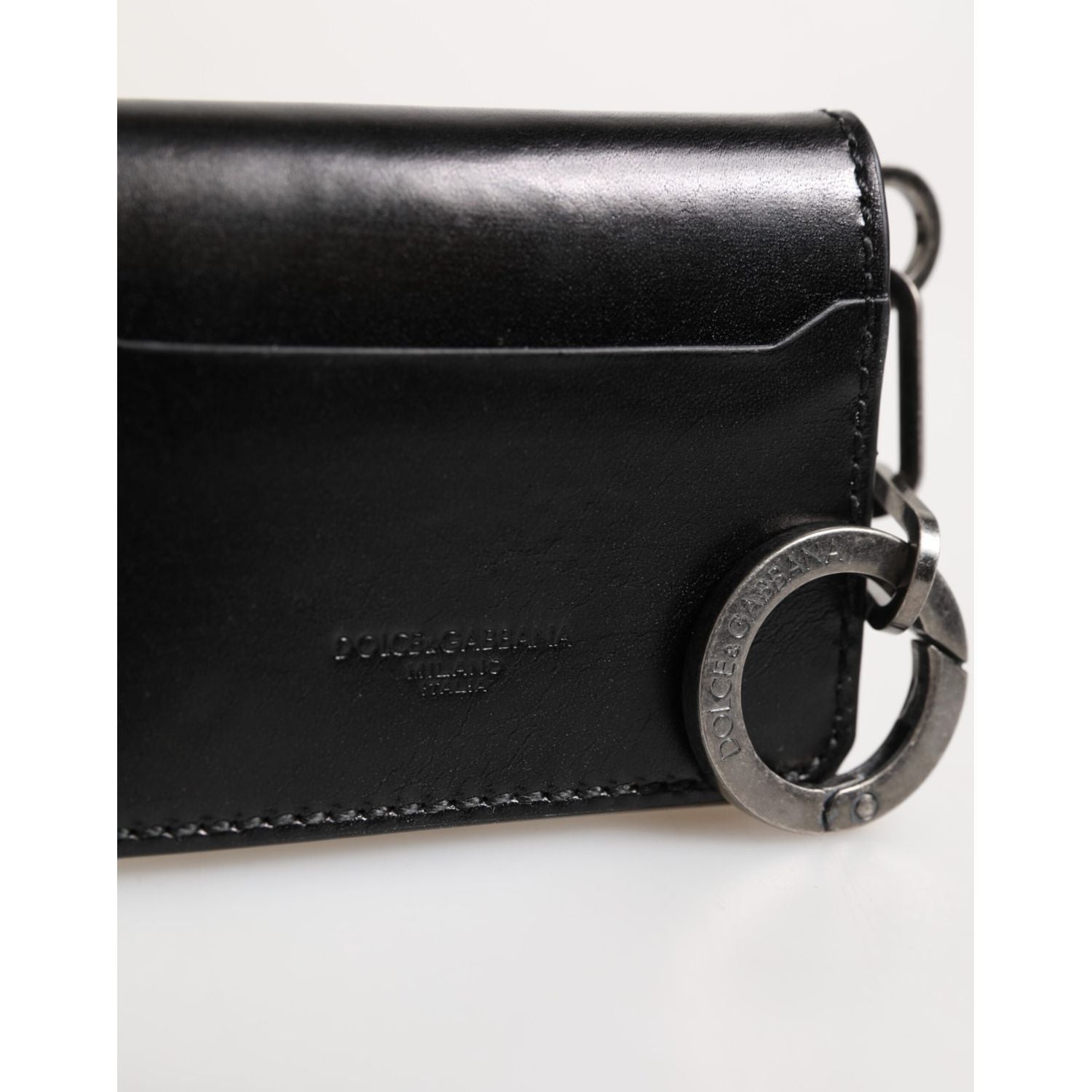 Dolce & Gabbana Wallet Black Leather Logo Embossed Key Chain Card Holder Wallet