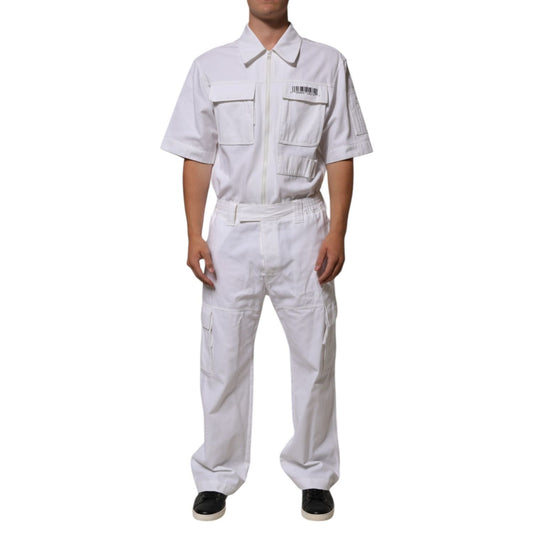 Dolce & Gabbana White Barcode Patch Utility Zip Jumpsuit Pants in cotton with front zipper, short sleeves, and cargo pockets.