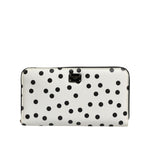 Dolce & Gabbana White Black Dotted Leather Zip Around Continental Wallet with logo and zipper, luxury calfskin material.