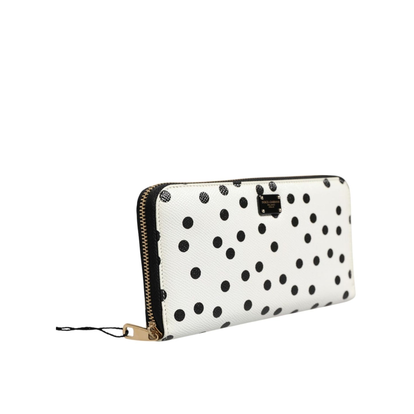 Dolce & Gabbana White Black Dotted Leather Zip Around Continental Wallet with zipper and logo engraved metal hardware.