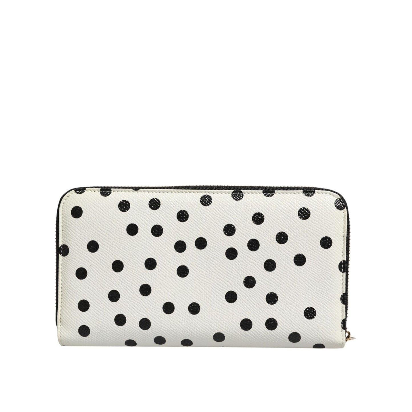 Dolce & Gabbana White Black Dotted Leather Zip Around Continental Wallet made of calfskin leather with polka dot design and zipper fastening.