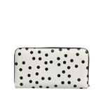 Dolce & Gabbana White Black Dotted Leather Zip Around Continental Wallet made of calfskin leather with polka dot design and zipper fastening.