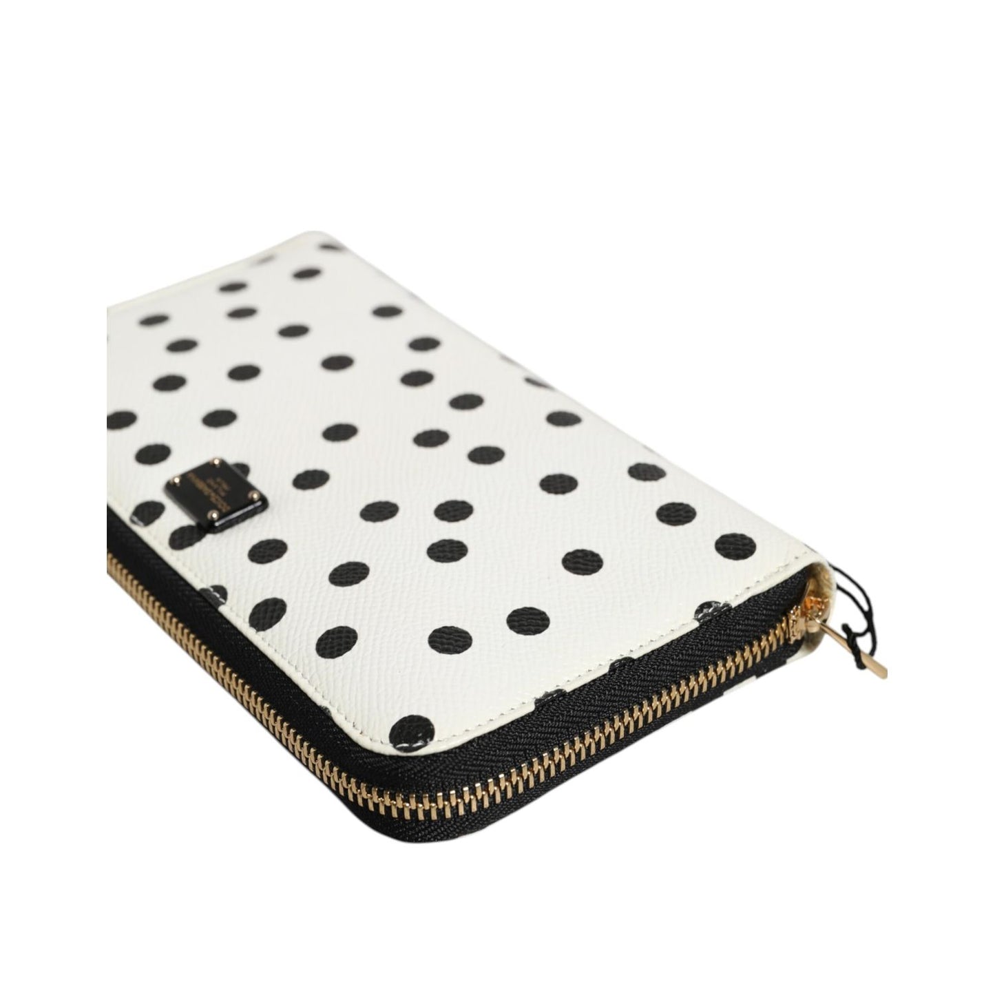 Dolce & Gabbana White Black Dotted Leather Zip Around Continental Wallet with logo hardware