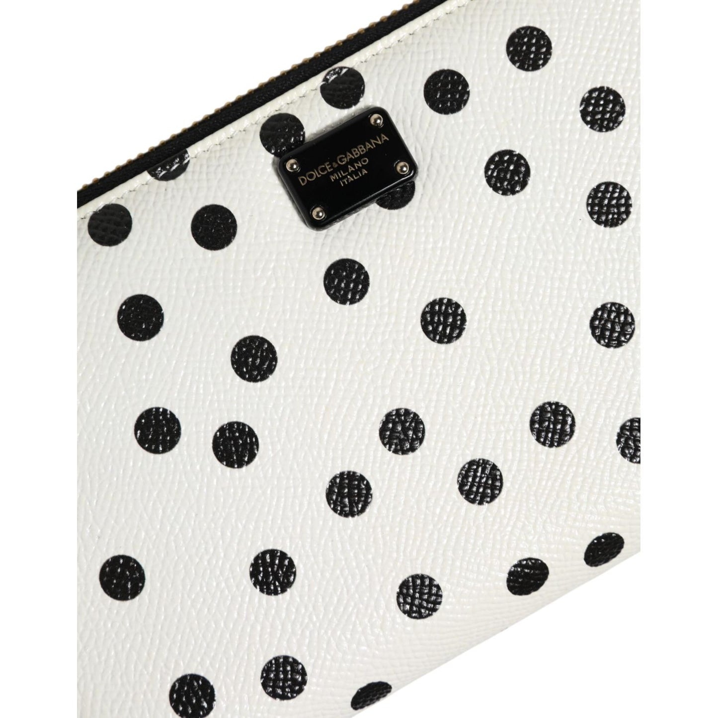 Dolce & Gabbana White Black Dotted Leather Zip Around Continental Wallet with metal logo plate