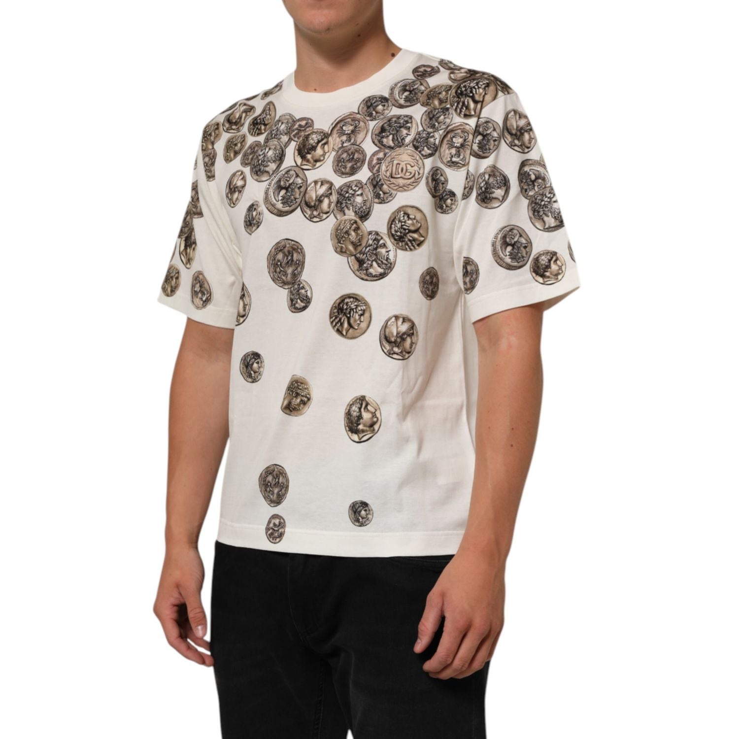 Dolce & Gabbana White Coin Print Cotton Crew Neck Men T-shirt