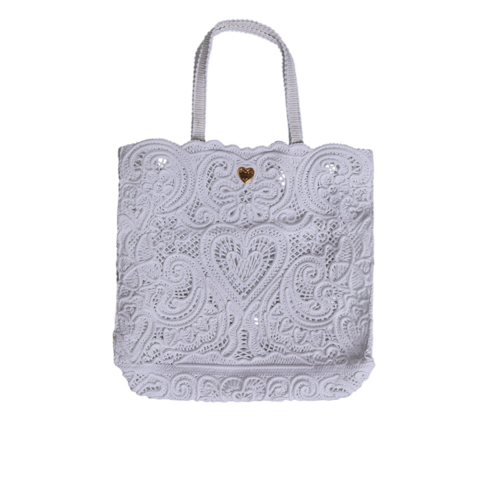 Dolce & Gabbana White Cordonetto Lace Beatrice Tote Shopping Bag with heart motif and shoulder strap, summer luxury accessory.