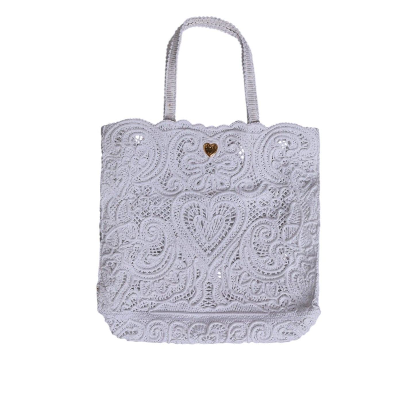 Dolce & Gabbana White Cordonetto Lace Beatrice Tote Shopping Bag with heart motif and shoulder strap, summer luxury accessory.