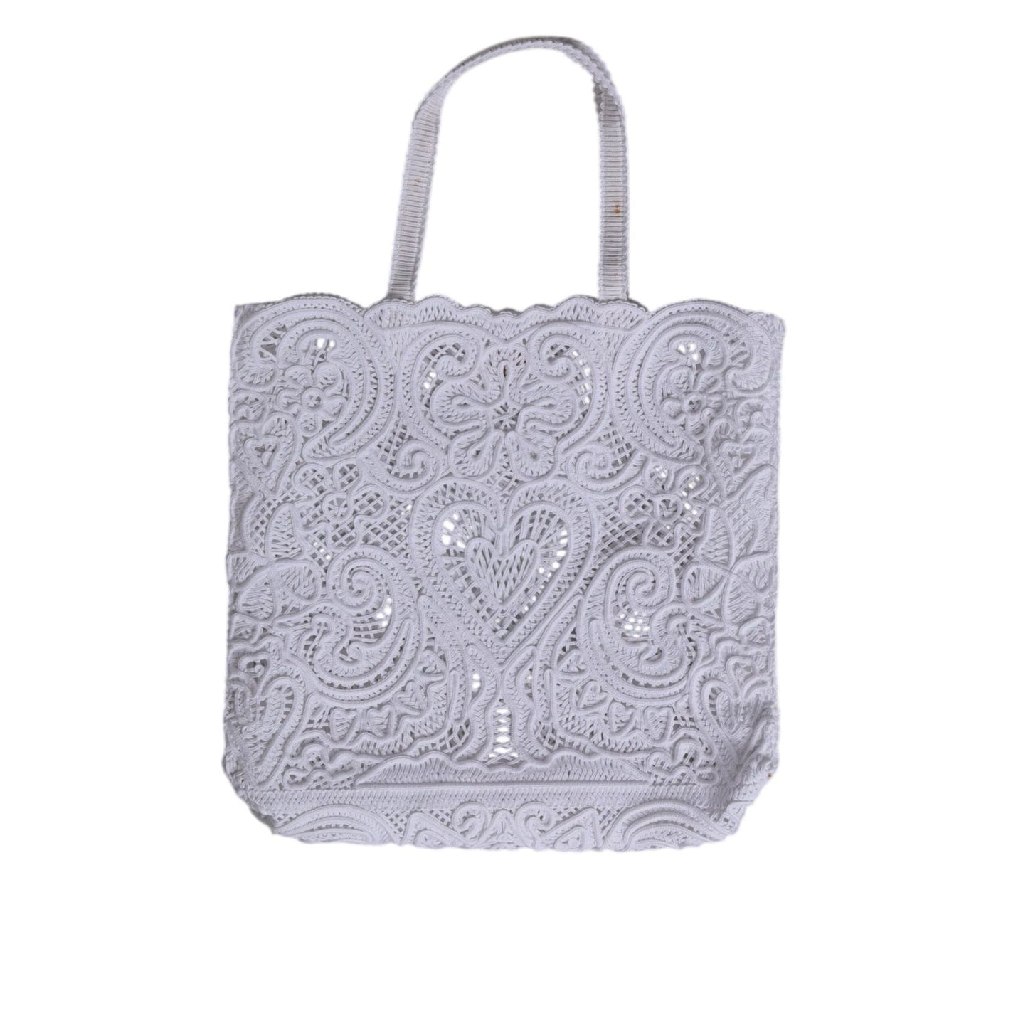 Dolce & Gabbana White Cordonetto Lace Beatrice Tote Shopping Bag with heart motif, Sicilian fabric, shoulder strap, and elegant design.
