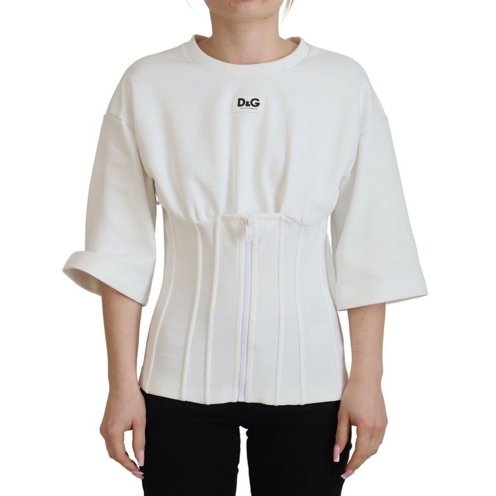 Dolce & Gabbana White Corset Stretch Cotton Top T-shirt with zipper closure and logo, short sleeve, crewneck, made in Italy