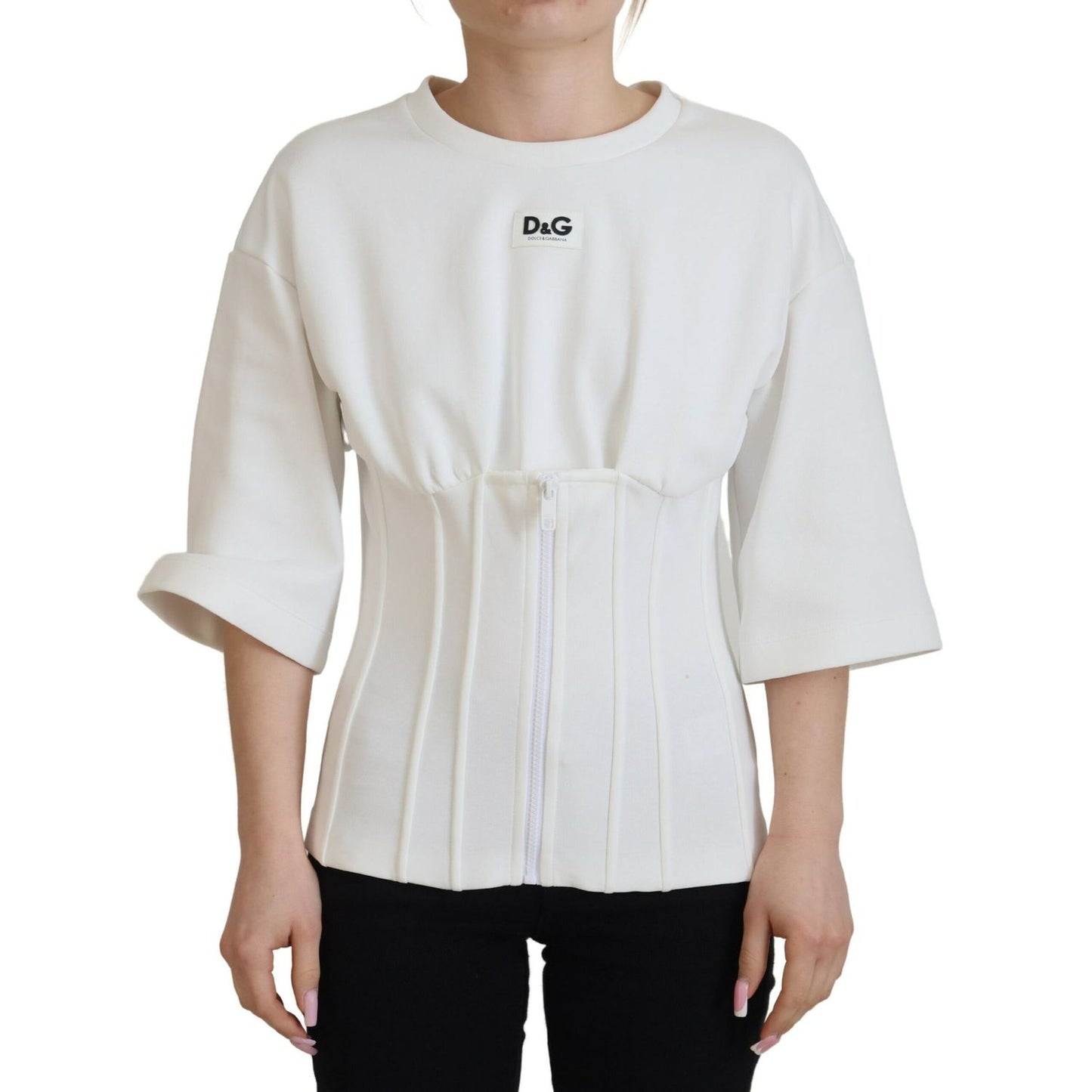 Dolce & Gabbana White Corset Stretch Cotton Top T-shirt with zipper closure and logo, short sleeve, crewneck, made in Italy