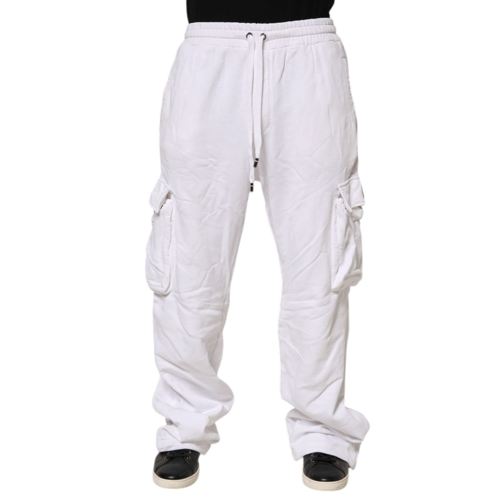 Dolce & Gabbana White Cotton Cargo Trousers Logo Patch Pants featuring utility pockets and drawstring waist.