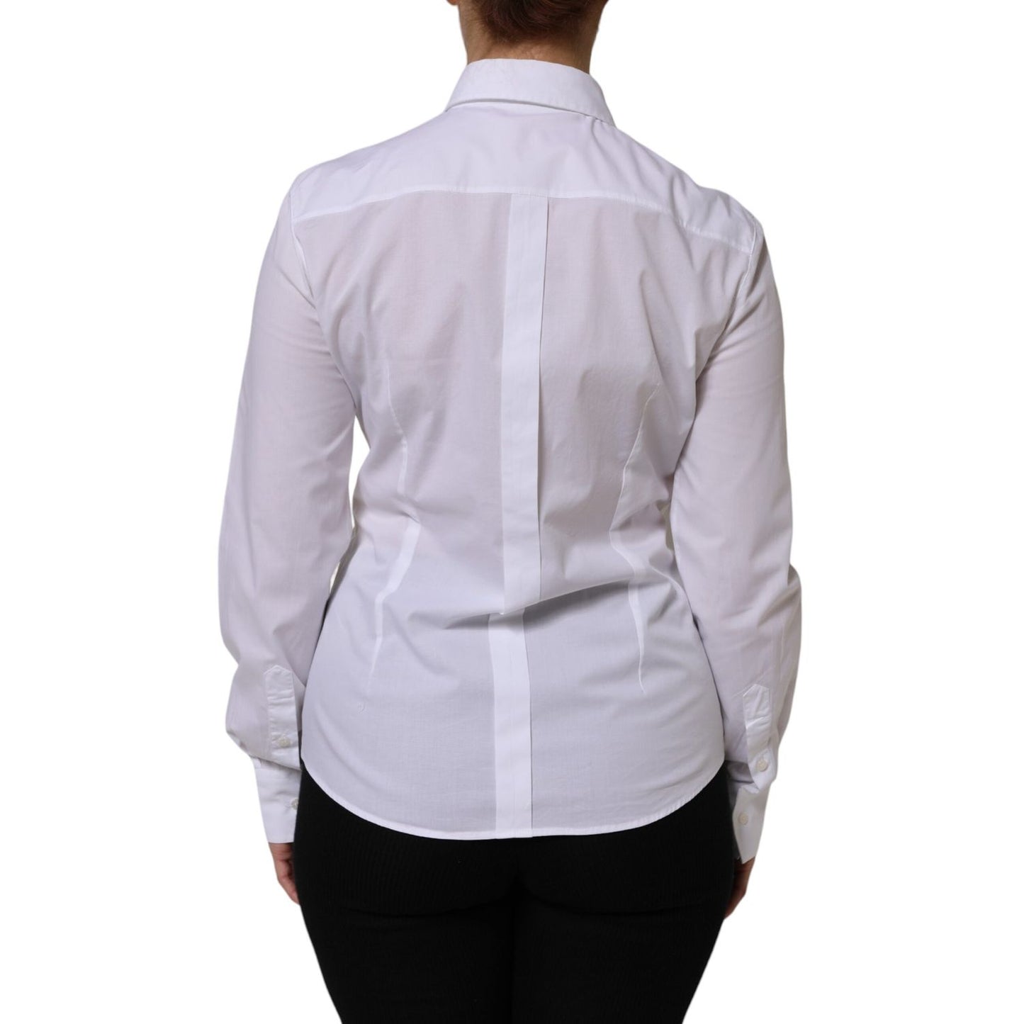 Back view of Dolce & Gabbana White Cotton Collared Buttoned Dress Shirt Top, showcasing the elegant silhouette and tailored fit.