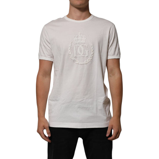 Dolce & Gabbana White Cotton DG Crown Embossed Men T-shirt, front view