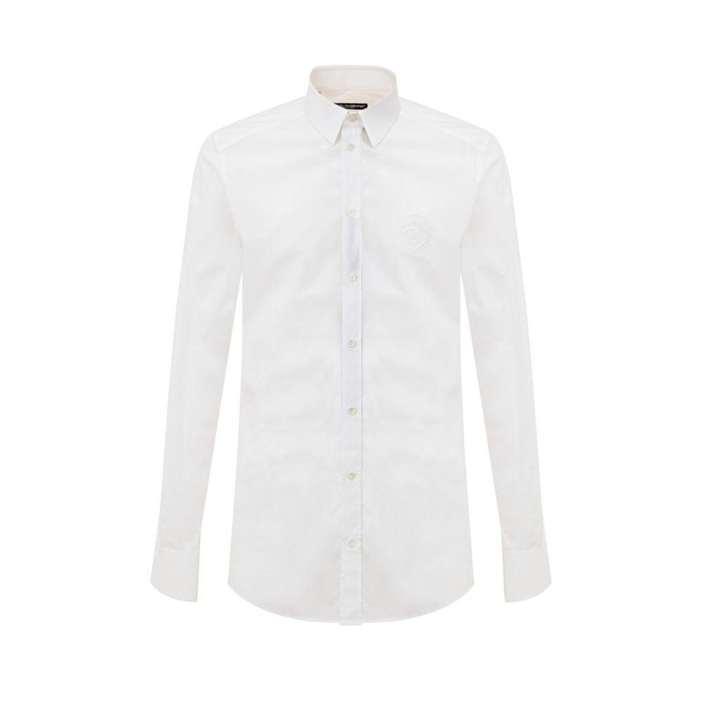 Dolce & Gabbana White Cotton Dress Shirt with embroidery logo, button-up, classic collar, slim fit, 100% cotton.