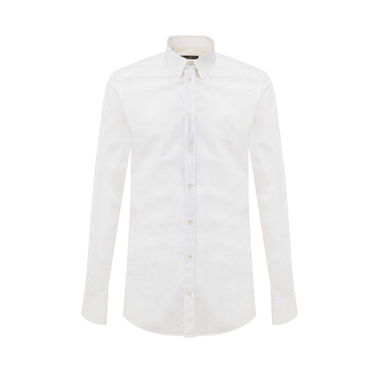 Dolce & Gabbana White Cotton Dress Shirt with embroidery logo, button-up, classic collar, slim fit, 100% cotton.