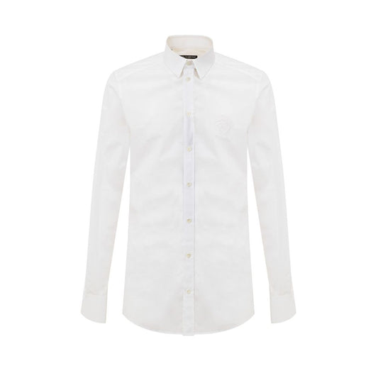 Dolce & Gabbana White Cotton Dress Shirt with embroidery logo, button-up, classic collar, slim fit, 100% cotton.