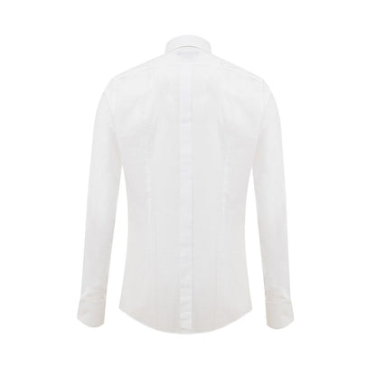 Back view of a Dolce & Gabbana White Cotton Dress Shirt with button fastening and classic collar, showcasing tone-on-tone logo embroidery.