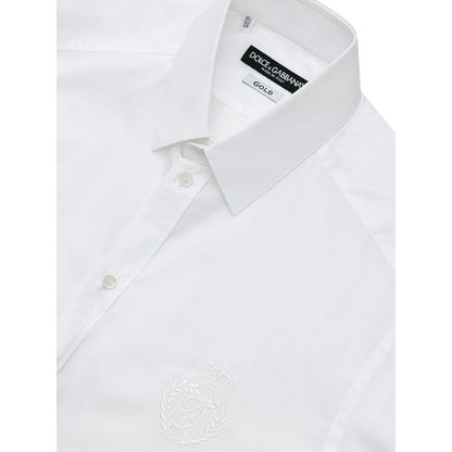 Dolce & Gabbana White Cotton Dress Shirt with logo embroidery, front button fastening, classic collar, slim fit, 100% cotton.