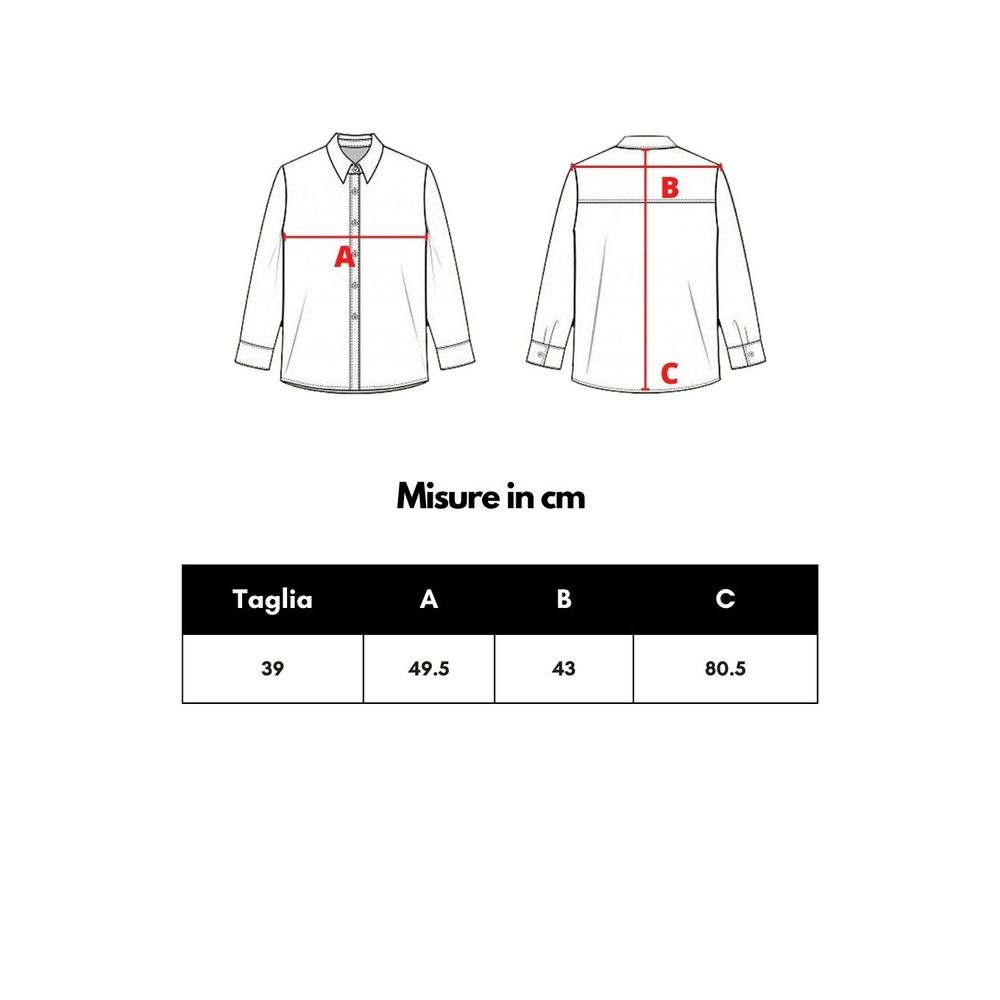 Diagram of Dolce & Gabbana White Cotton Dress Shirt measurement guide with size chart in centimeters, showing sections A, B, and C.