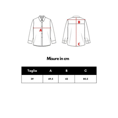 Diagram of Dolce & Gabbana White Cotton Dress Shirt measurement guide with size chart in centimeters, showing sections A, B, and C.