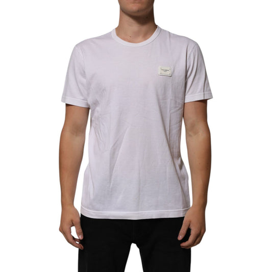 Dolce & Gabbana White Cotton Logo Patch Crew Neck Men T-shirt on model, showcasing the logo detail on chest.