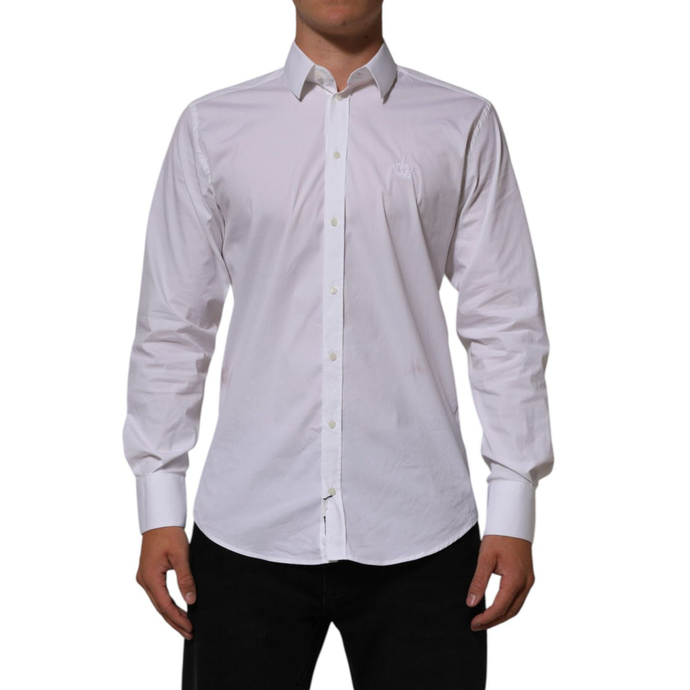 Dolce & Gabbana White Cotton MARTINI Formal Men Dress Shirt on model, showcasing classic collared design and premium cotton fabric.
