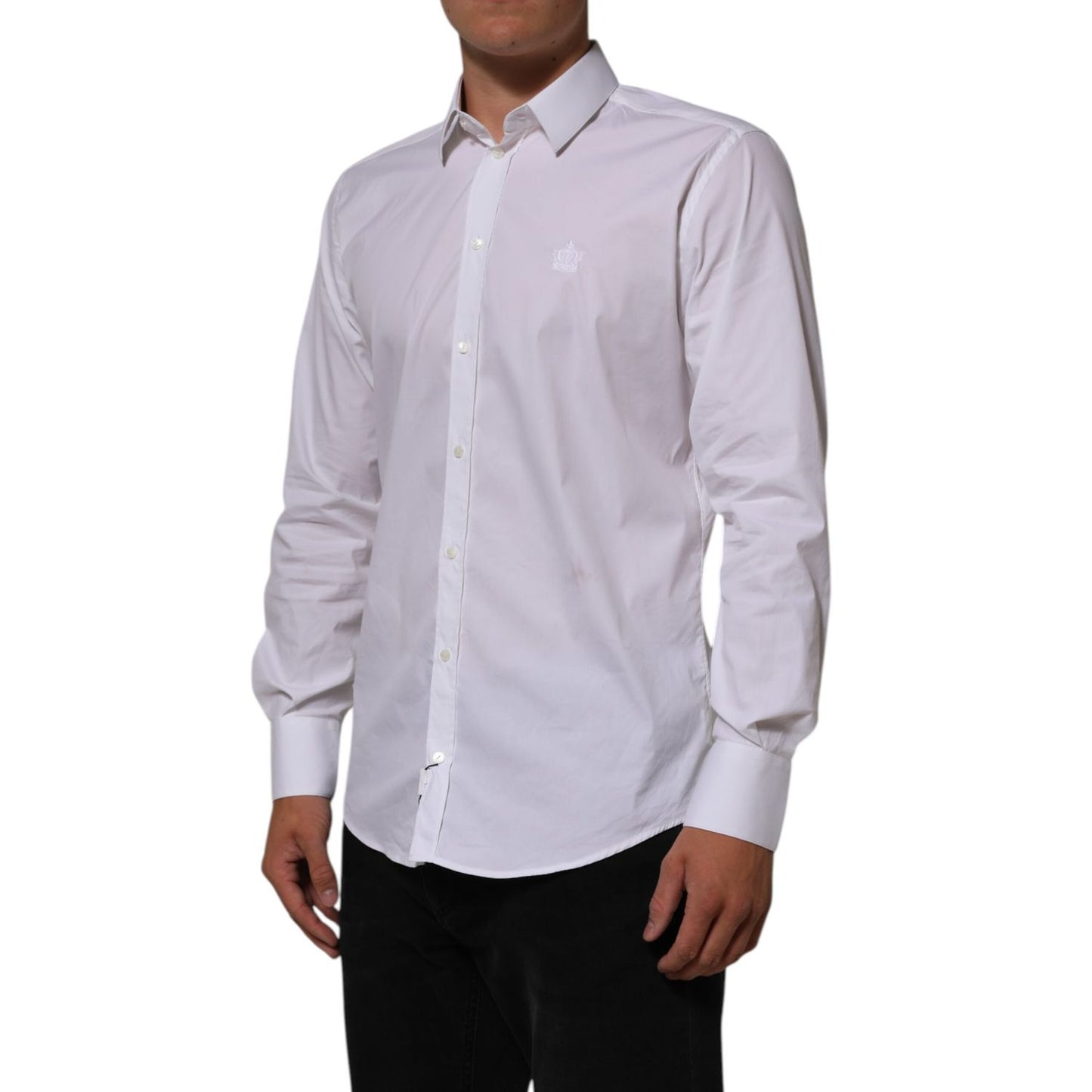Dolce & Gabbana White Cotton MARTINI Formal Men Dress Shirt with long sleeves and classic collar, worn by model.