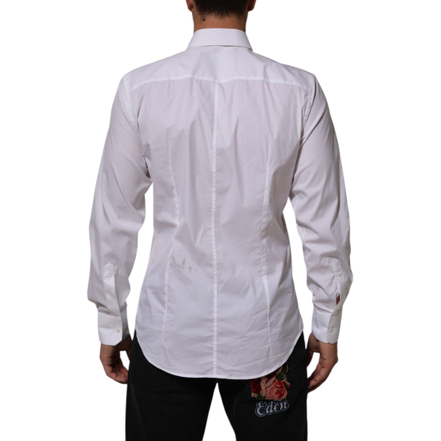 Back view of Dolce & Gabbana White Cotton MARTINI Formal Men Dress Shirt with long sleeves and a tailored fit, worn by a model.