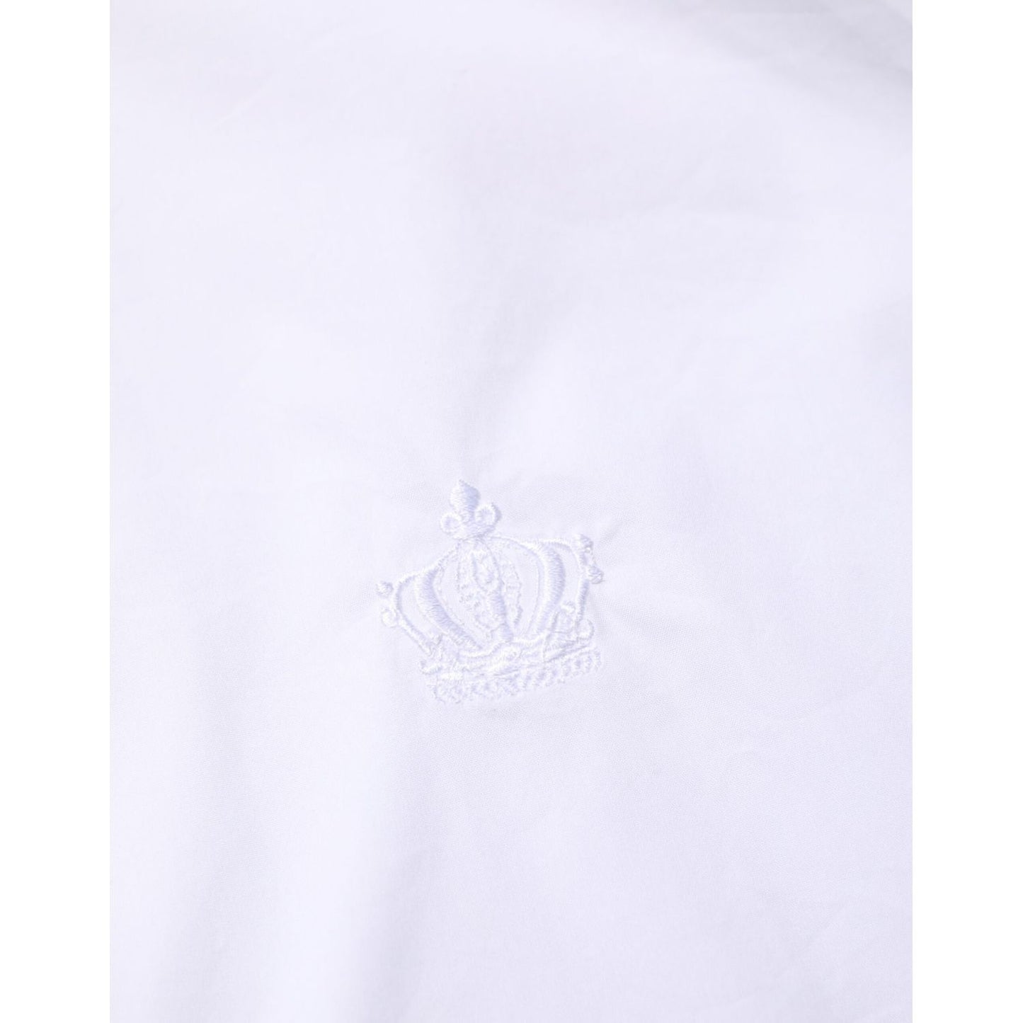 Dolce & Gabbana White Cotton MARTINI Formal Men Dress Shirt close-up with embroidered crown detail, premium fabric.