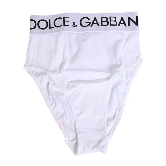 Dolce & Gabbana White Cotton Stretch High Waist Panty Underwear with logo waistband, soft fabric, and minor defects.