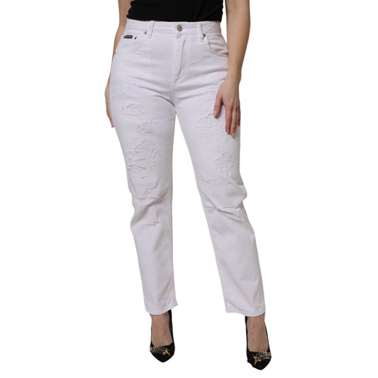 Dolce & Gabbana White Cotton Tattered BOYFRIEND Denim Jeans on model, showcasing relaxed fit and stylish distressed detailing.