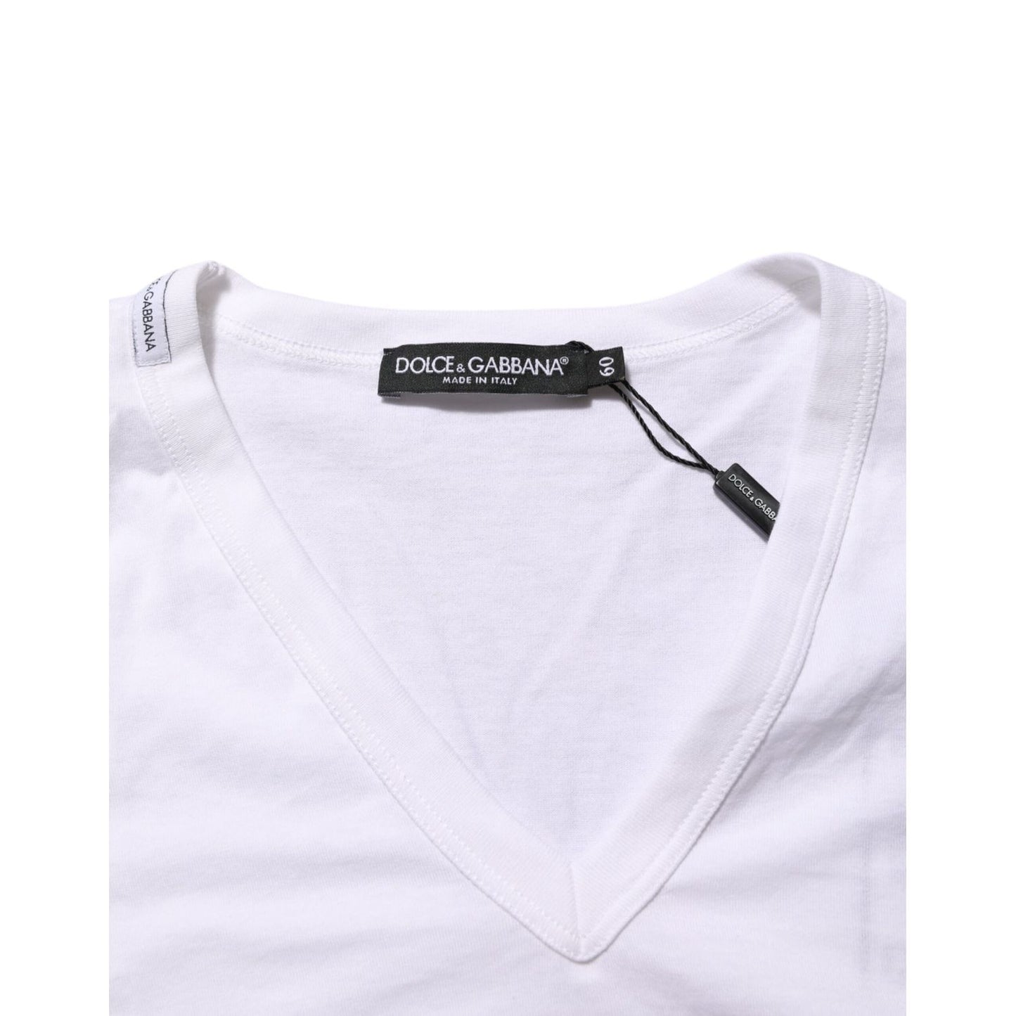 Dolce & Gabbana White Cotton V-Neck Short Sleeves T-shirt with tag detail