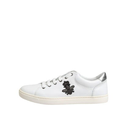 Dolce & Gabbana White Crown Bee Leather Low Top Sneakers Shoes with rubber sole and lace-up closure, featuring logo detail.