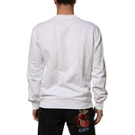Back view of Dolce & Gabbana White Embossed Logo Men Sweatshirt Sweater, featuring a crisp white hue and ribbed hem, worn by a model.