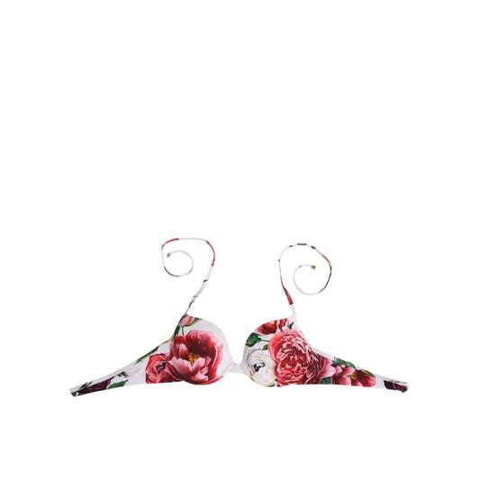 Dolce & Gabbana White Floral Print Halter Bikini Top Swimwear with adjustable ties and vibrant floral design.