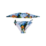 Dolce & Gabbana White Floral Swimsuit 2 Piece Top Bottom Swimwear featuring vibrant floral prints on crisp white fabric.