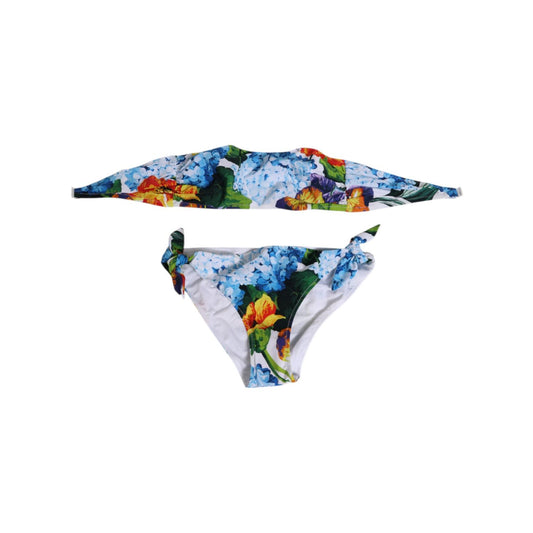 Dolce & Gabbana White Floral Swimsuit 2 Piece Top Bottom Swimwear with vibrant prints and hook closure, made in Italy, chic beach wear.