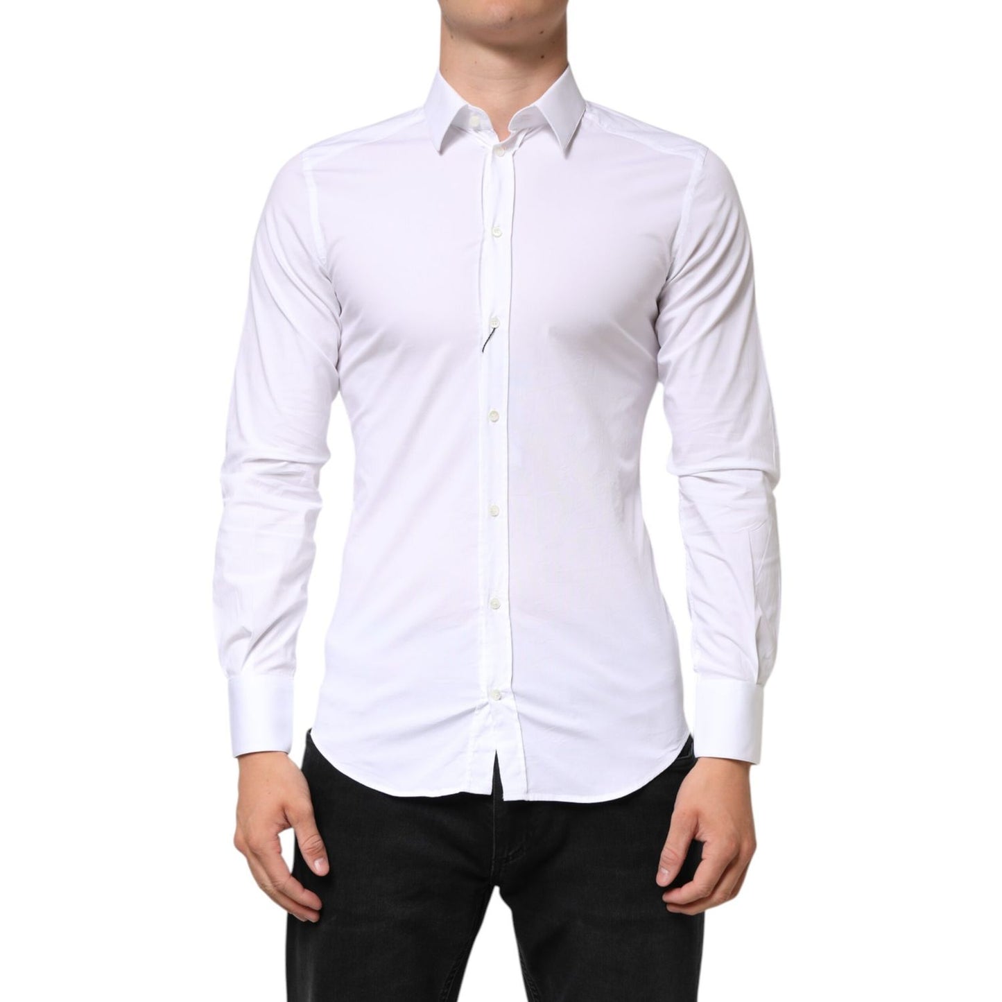 Dolce & Gabbana White GOLD Cotton Long Sleeves Dress Men Shirt, slim fit, button closure, front view.