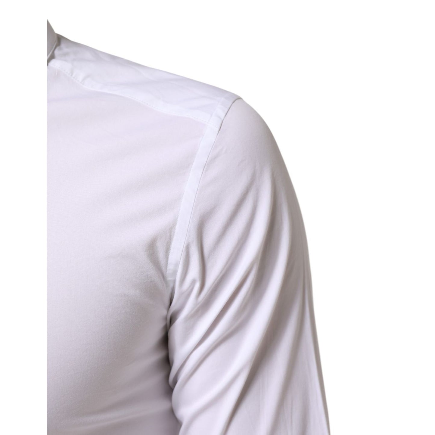 Close-up of Dolce & Gabbana White GOLD Cotton Long Sleeves Dress Men Shirt showcasing premium materials and slim fit design.