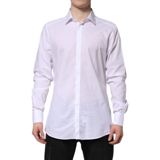 Dolce & Gabbana White GOLD Cotton Long Sleeves Formal Shirt with classic neck and button closure. Made in Italy. Slim fit design.