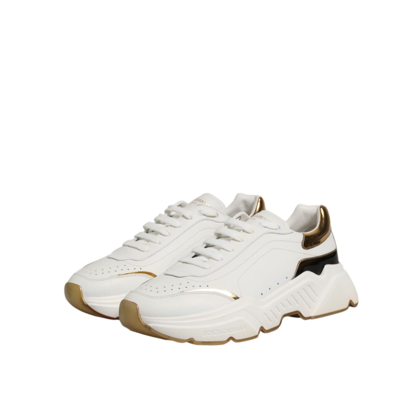 Dolce & Gabbana White Gold Daymaster Low Top Sneakers Shoes with chunky silhouette and gold accents on a white background.