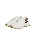 Dolce & Gabbana White Gold Daymaster Low Top Sneakers Shoes with chunky silhouette and gold accents on a white background.