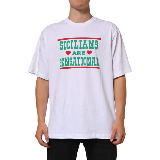 Dolce & Gabbana White Graphic Print Cotton CrewNeck T-shirt with a bold front graphic and classic crew neckline.