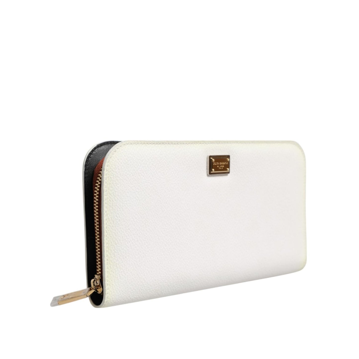 Dolce & Gabbana White Leather Logo Plaque Zip Around Continental Wallet with zipper fastening and logo engraved metal hardware.