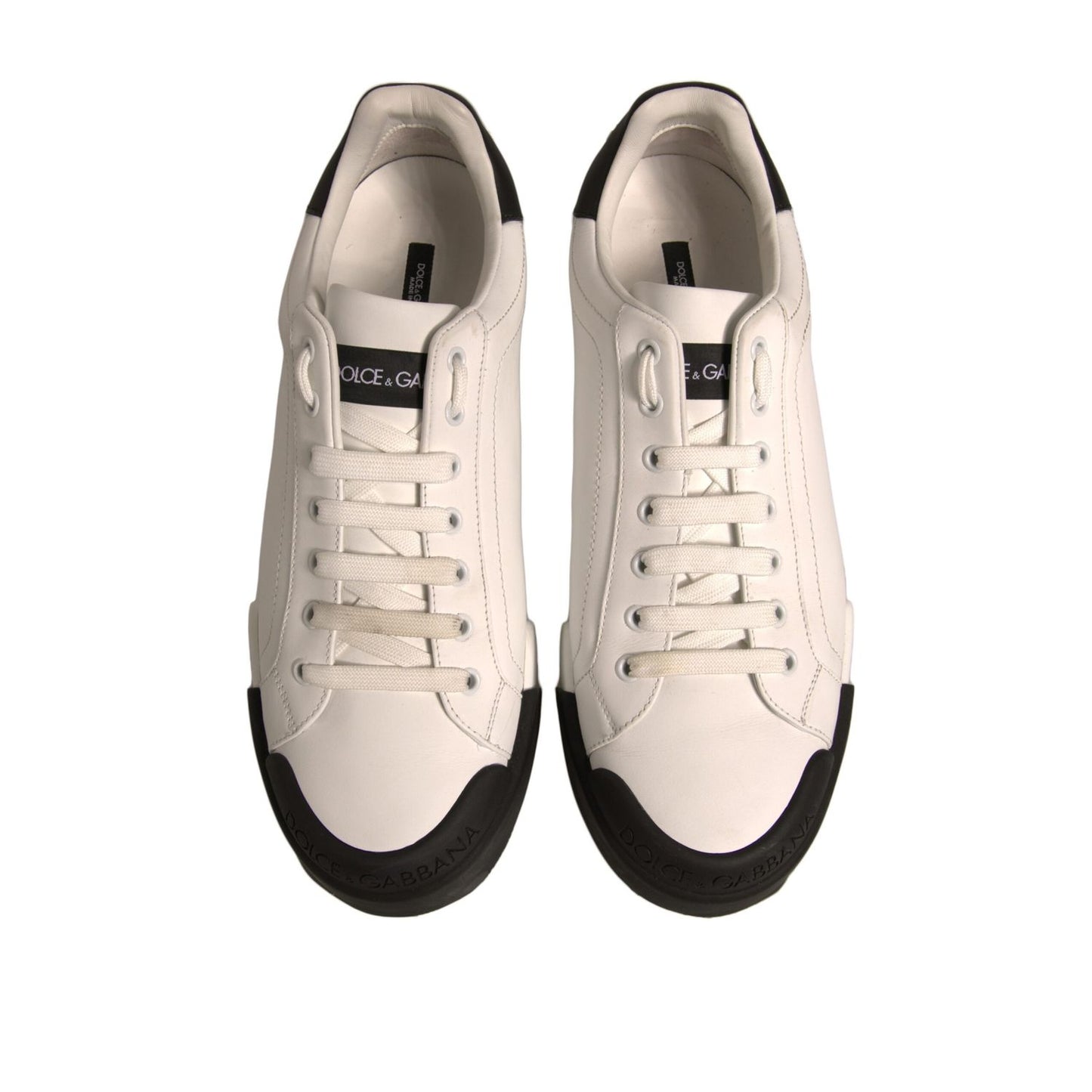 Dolce & Gabbana White Leather Logo Portofino Sneakers Shoes with lace-up closure and rubber sole made in Italy.