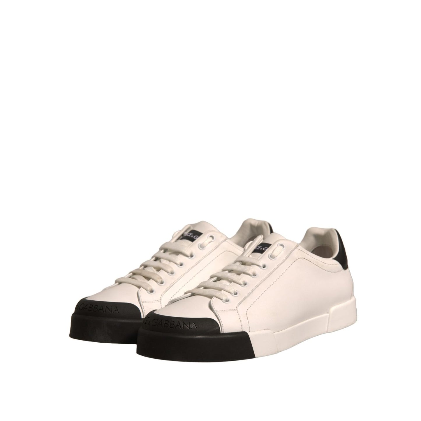 Dolce & Gabbana White Leather Logo Portofino Sneakers Shoes with black details, lace-up closure, and rubber sole. Preowned Italian-made sneakers.